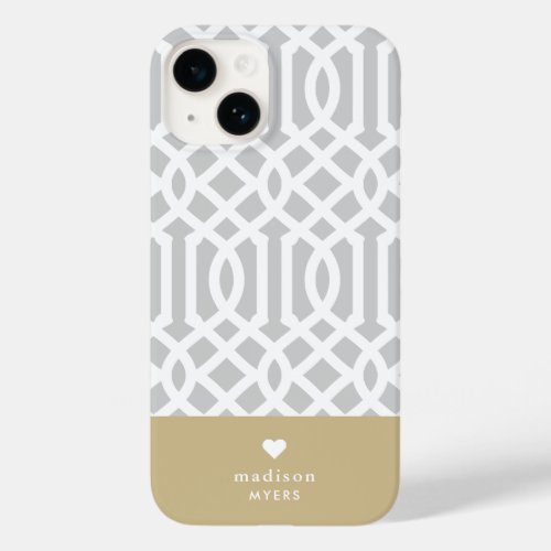 Gray and Gold Trellis Heart Monogram Case_Mate iPhone 14 Case