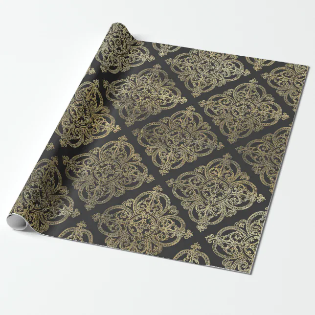 Gray and Gold Vintage Damask Wrapping Paper Zazzle