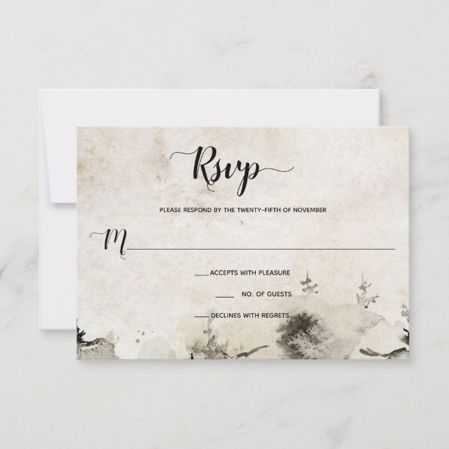 Gray and Gold Watercolor Alpine Mountain Wedding | RSVP Card (Front)