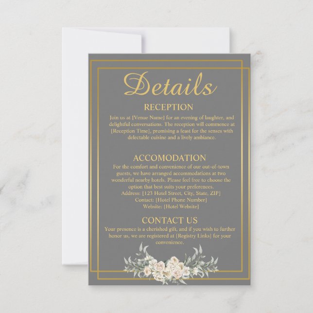 Gray and Gold Wedding Details Enclosure Card (Front)