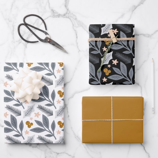 Gray and Gold Winter Florals Holiday Wrapping Paper Sheets (Front)