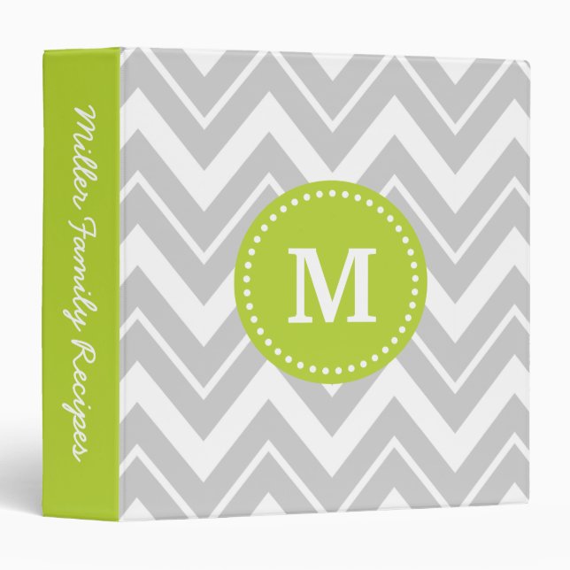 Gray and Green Chevron Custom Monogram 3 Ring Binder (Front/Spine)