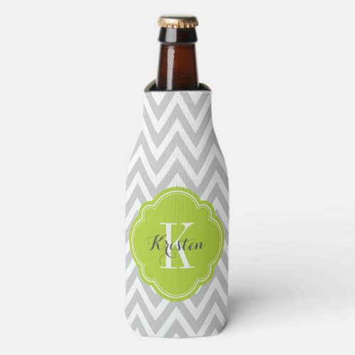 Gray and Green Chevron Monogram Bottle Cooler