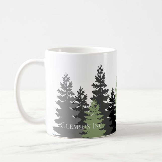 Gray and Green Evergreen Trees Elegant and Rustic Coffee Mug (Left)