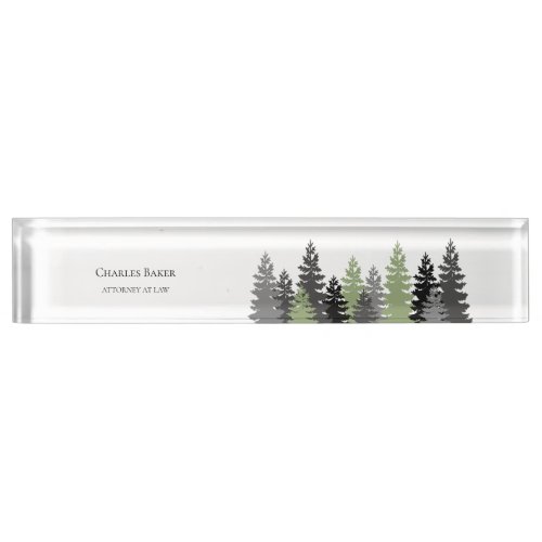 Gray and Green Evergreen Trees Elegant and Rustic Desk Name Plate