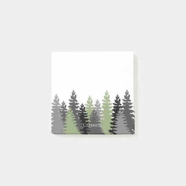 Gray and Green Evergreen Trees Elegant and Rustic Post-it Notes (Front)