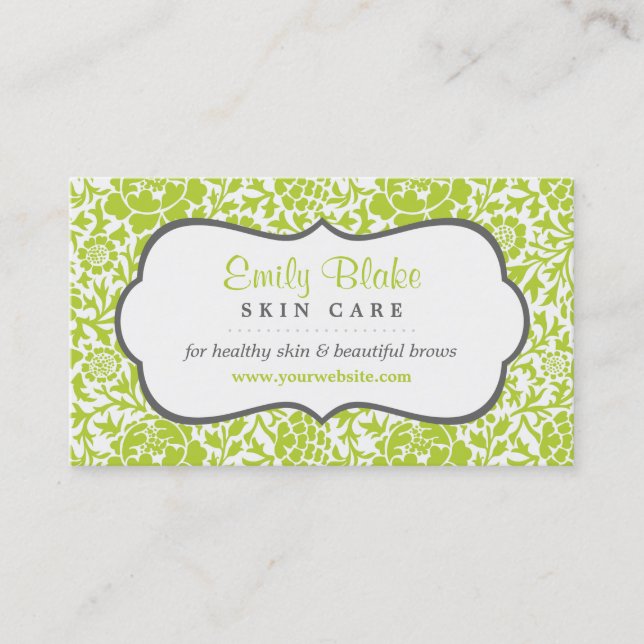Gray and Green Floral Damask Appointment Card (Front)