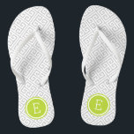 Gray and Green Greek Key Monogram Flip Flops<br><div class="desc">Custom printed flip flop sandals with a stylish modern Greek key pattern and your custom monogram or other text in a circle frame. Click Customize It to change text fonts and colors or add your own images to create a unique one of a kind design!</div>