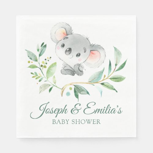 Gray and Green Koala Baby Shower Gender Neutral Napkins