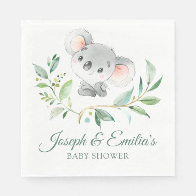 Gray and Green Koala Baby Shower Gender Neutral Napkins (Front)