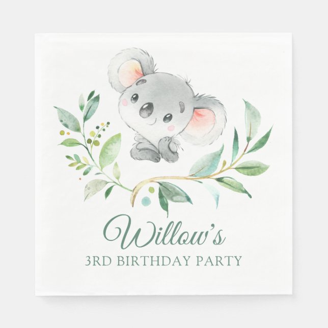 Gray and Green Koala Birthday Party Gender Neutral Napkins (Front)