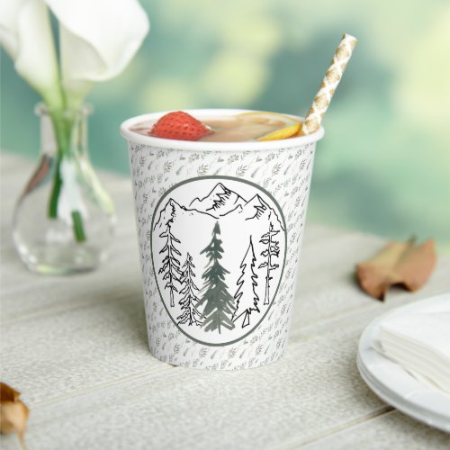 Gray and Green Minimalist Outdoor Mountains Trees Paper Cups