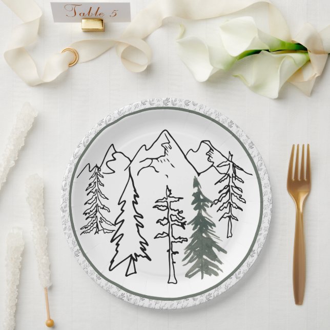 Gray and Green Minimalist Outdoor Mountains Trees Paper Plates (Wedding)