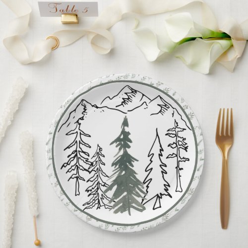Gray and Green Minimalist Outdoor Mountains Trees Paper Plates