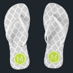Gray and Green Moroccan Quatrefoil Monogram Flip Flops<br><div class="desc">Custom printed flip flop sandals with a stylish Moroccan quatrefoil pattern and your custom monogram or other text in a circle frame. Click Customize It to change text fonts and colors or add your own images to create a unique one of a kind design!</div>