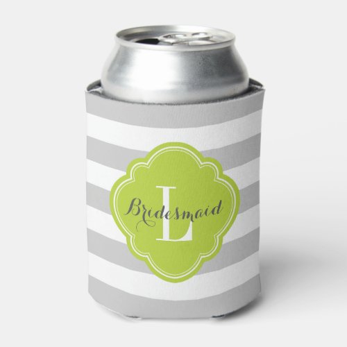 Gray and Green Preppy Stripes Monogram Can Cooler