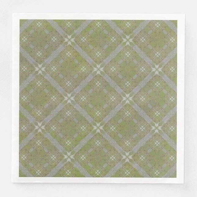 Gray and Green Tiled Scroll Diamond Pattern Paper Dinner Napkins (Front)