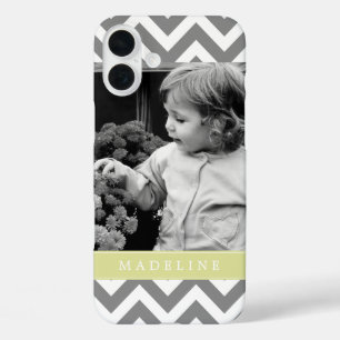 Gray and Green Zigzags Personalized Photo iPhone 16 Plus Case