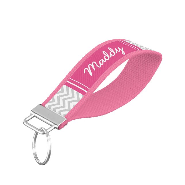 Gray and Hot Pink Chevron Monogrammed Wrist Keychain (Angled Down)