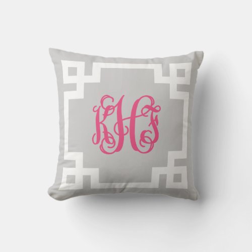 Gray and Hot Pink Greek Key Script Monogram KHF Throw Pillow