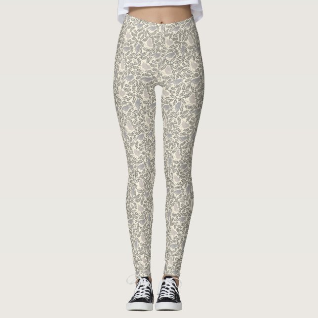Gray and Ivory Bird Pattern Leggings (Front)