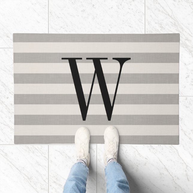 Gray and Ivory Stripes Monogram | Modern Farmhouse Doormat (Indoor)