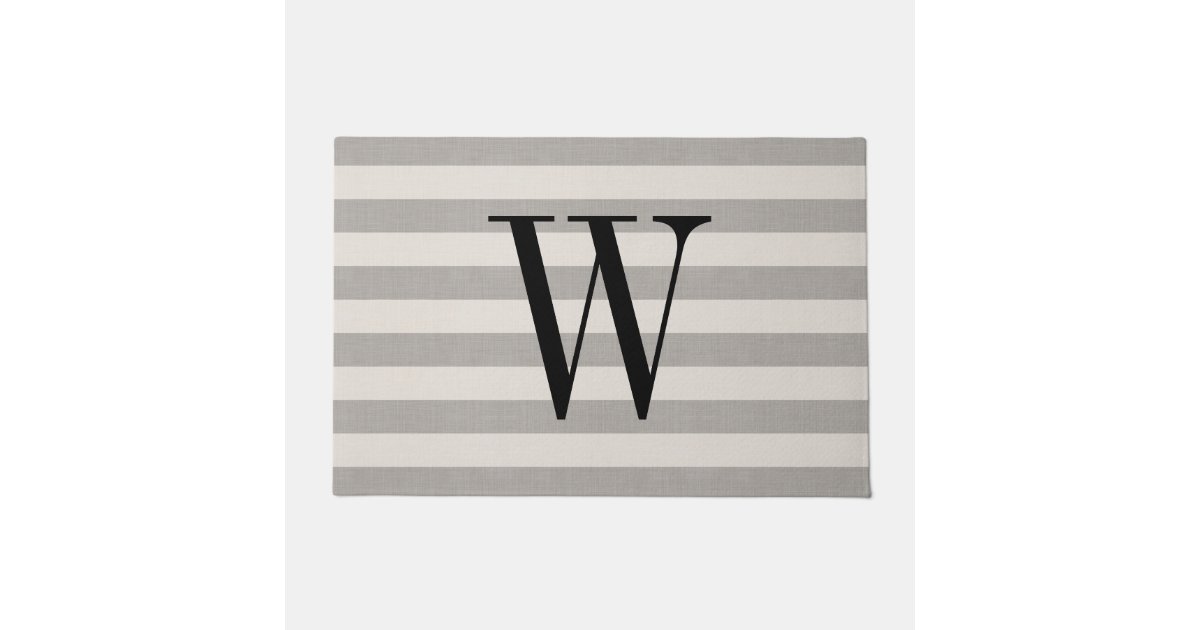 Gray and Ivory Stripes Monogram Modern Farmhouse Doormat