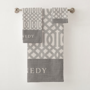 Gray and Ivory Trellis Monogram Modern Farmhouse Bath Towel Set