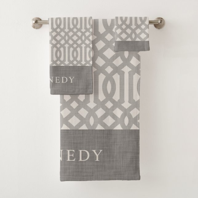 Gray and Ivory Trellis Monogram | Modern Farmhouse Bath Towel Set (Insitu)