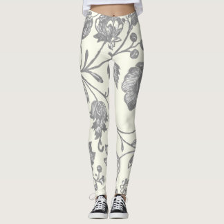 Gray and Ivory Vintage Boho Floral Leggings