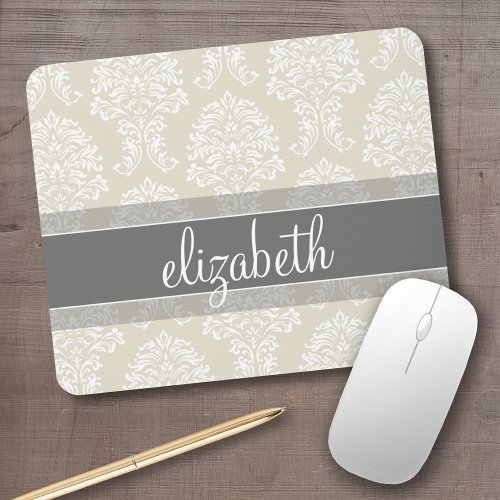 Gray and Ivory Vintage Damask Pattern with Name Mouse Pad