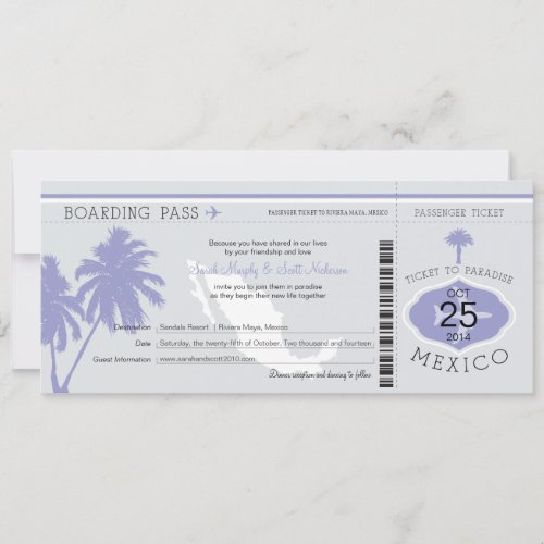 Gray and Lavender Mexico Boarding Pass Wedding Invitation