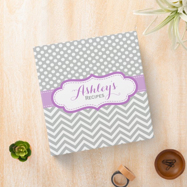 Gray and Lavender Polka Dots Pattern Recipe 3 Ring Binder (In Situ)