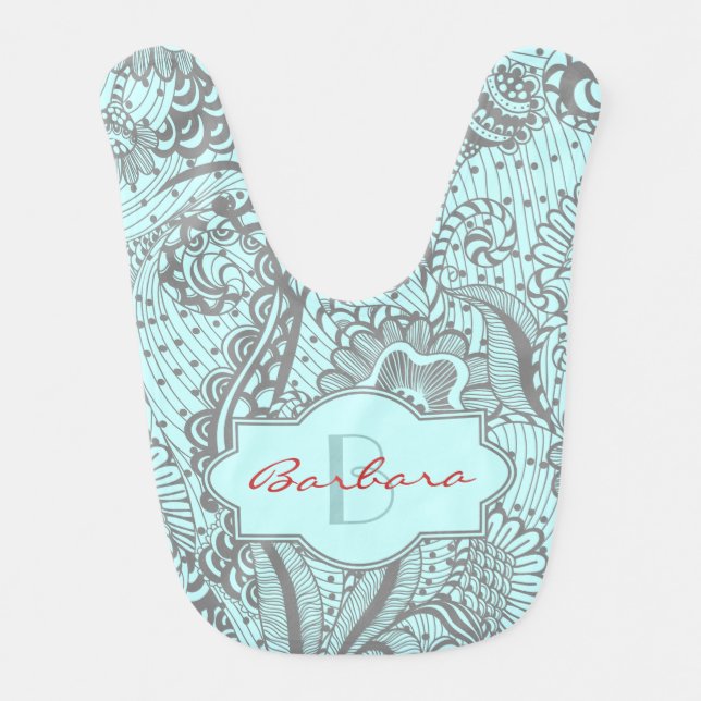 Gray And Light Blue Abstract Floral Monogram Baby Bib (Front)