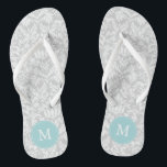 Gray and Light Blue Damask Pattern Monogrammed Flip Flops<br><div class="desc">Fun and trendy geometric pattern and monogram design. Perfect for brides,  bridesmaids,  bridal parties,  birthdays,  summer gifts,  etc.</div>