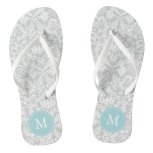 Gray and Light Blue Damask Pattern Monogrammed Flip Flops