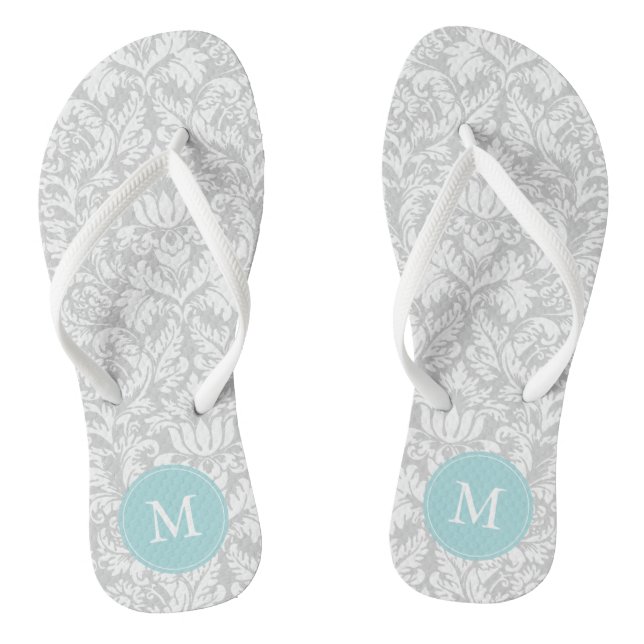 Gray and Light Blue Damask Pattern Monogrammed Flip Flops (Footbed)