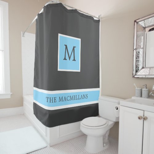 Gray and Light Blue Monogram with Stripes  Shower  Shower Curtain