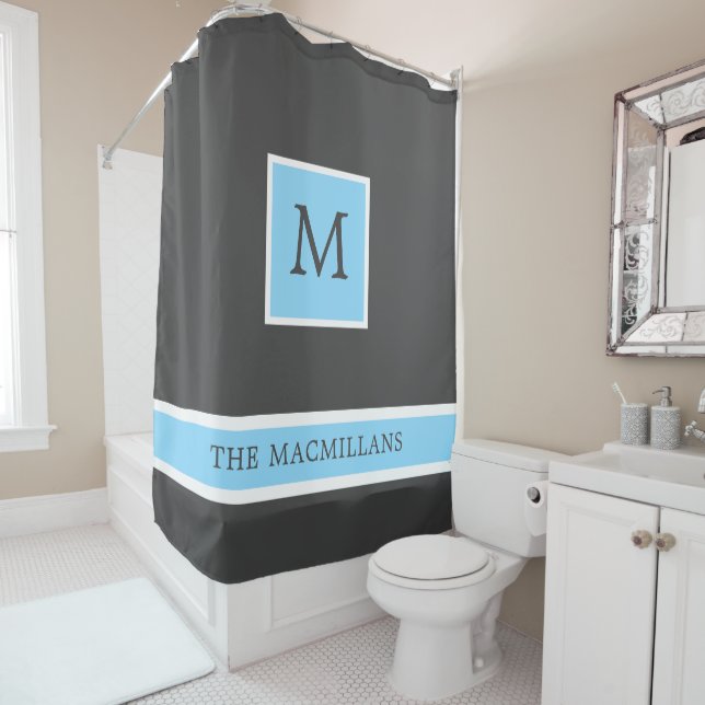 Gray and Light Blue Monogram with Stripes  Shower  Shower Curtain (In Situ)