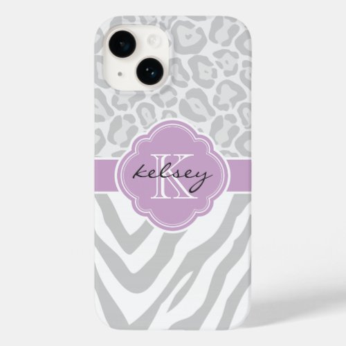 Gray and Lilac Animal Print Monogram Case_Mate iPhone 14 Case