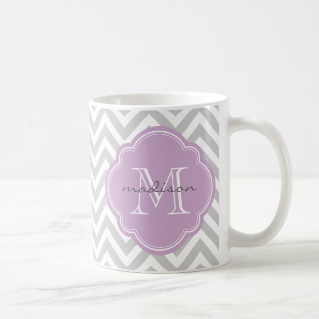 Gray and Lilac Chevron Custom Monogram Coffee Mug (Right)