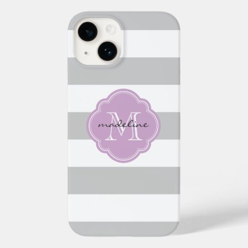 Gray and Lilac Purple Wide Stripes Custom Monogram Case_Mate iPhone 14 Case