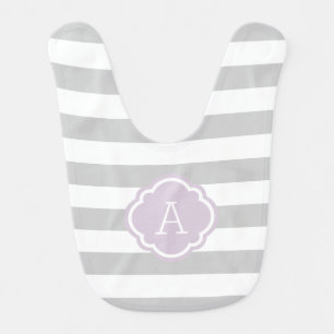 Gray and Lilac Stripes Monogram Editable Colors Baby Bib