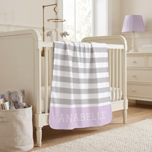 Gray and Lilac Stripes Monogram Editable Colors Baby Blanket