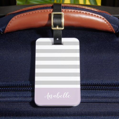 Gray and Lilac Stripes Monogram  Editable Colors Luggage Tag