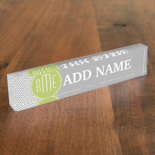 Gray and Lime Chevrons with Custom Monogram Desk Name Plate