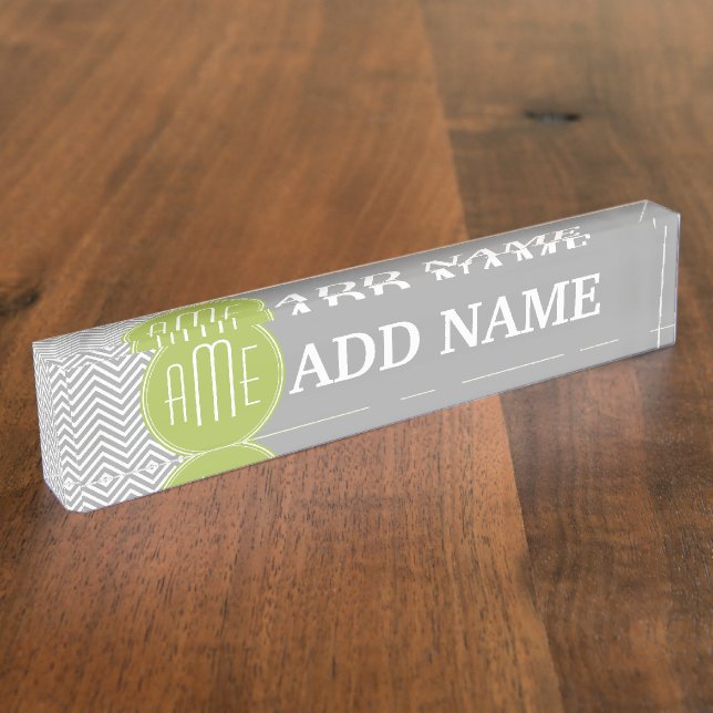Gray and Lime Chevrons with Custom Monogram Desk Name Plate (Side)