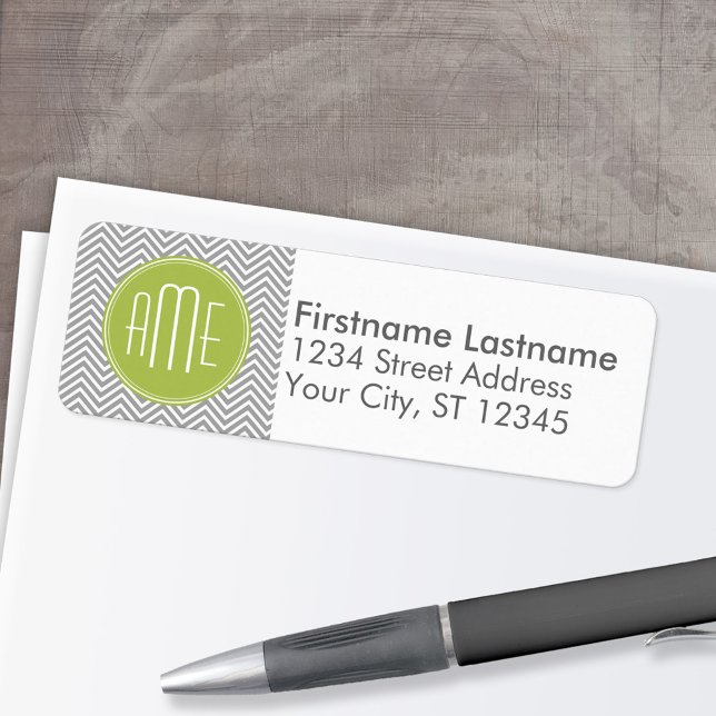 Gray and Lime Chevrons with Custom Monogram Label (Custom Return Address Labels - Low Minimum)