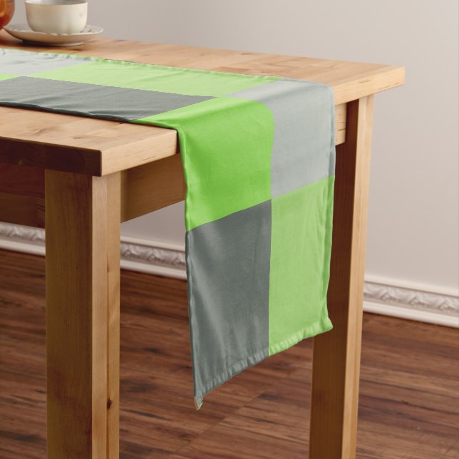 Gray and Lime Green Squares Short Table Runner (In Situ)