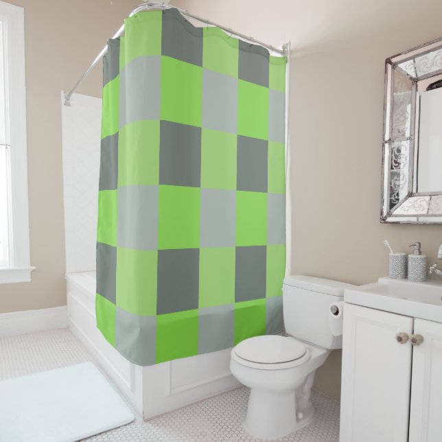 Gray and Lime Green Squares Shower Curtain (In Situ)